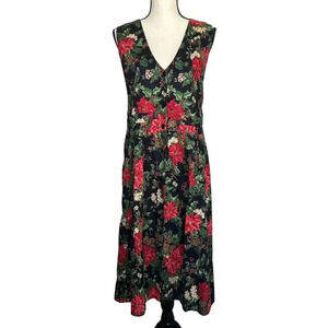 Vintage Holiday Poinsettia Dress Midi 80s 90s Drop Waist Cottage Button Size 14